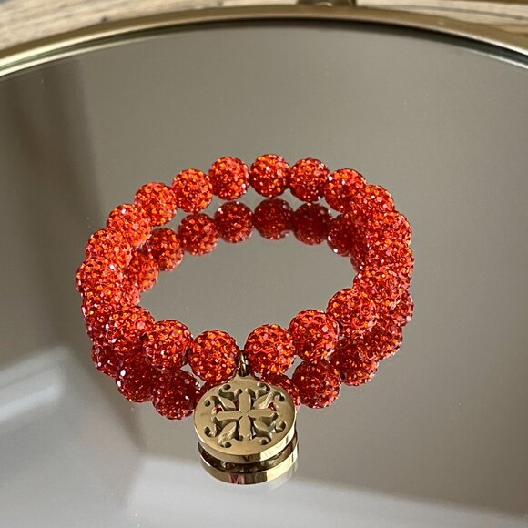 Rustic Cuff Metal Stainless Steel Shambala Beaded Stretch Bracelet orange - Picture 2 of 3